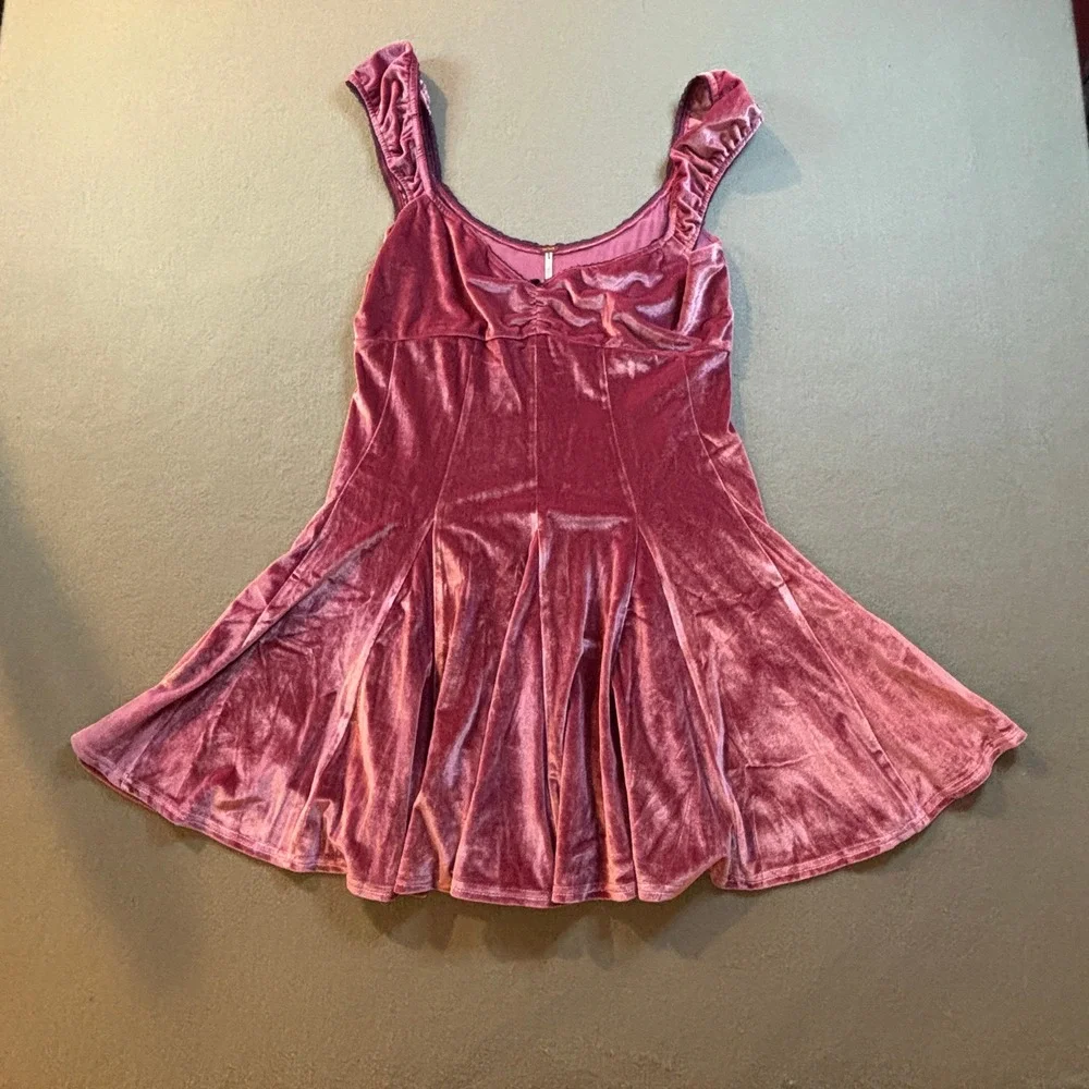Free People Womens L Pink Velvet Fit & Flare Mini Dress Ruffle Y2K Coquette NWOT